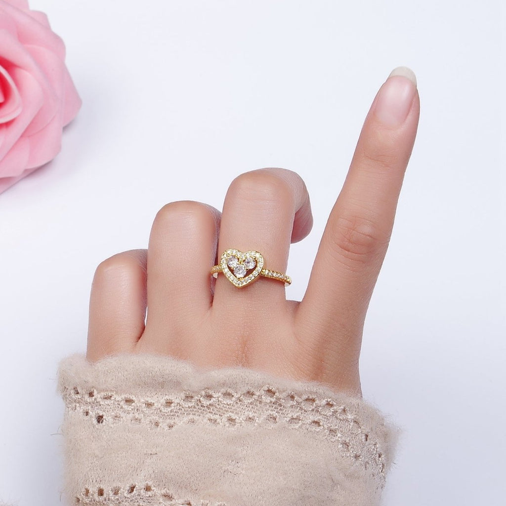 14K Gold plated Heart Clear, Green, Fuchsia, Purple Micro Paved CZ Ring | O-575 ~ O-578