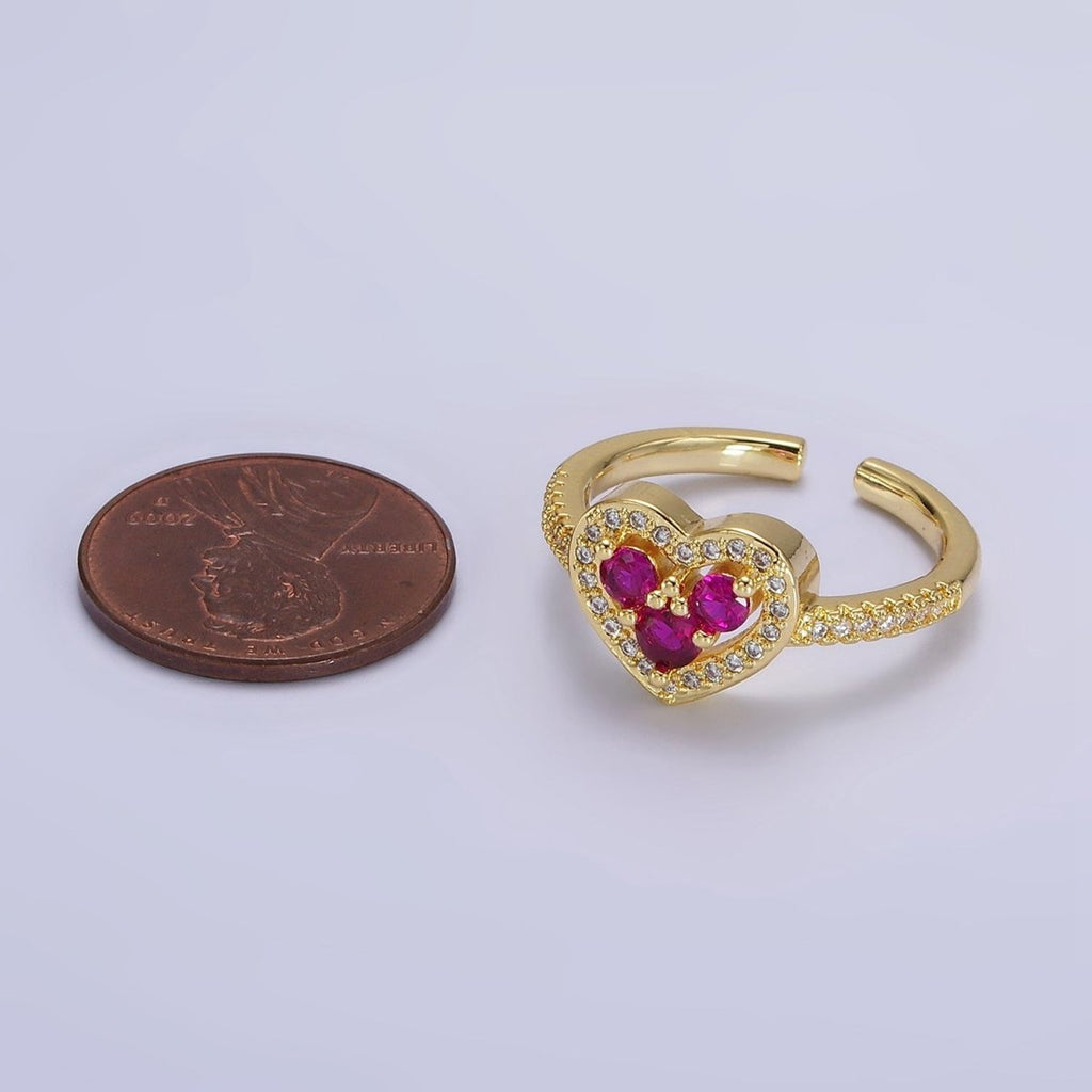 14K Gold plated Heart Clear, Green, Fuchsia, Purple Micro Paved CZ Ring | O-575 ~ O-578