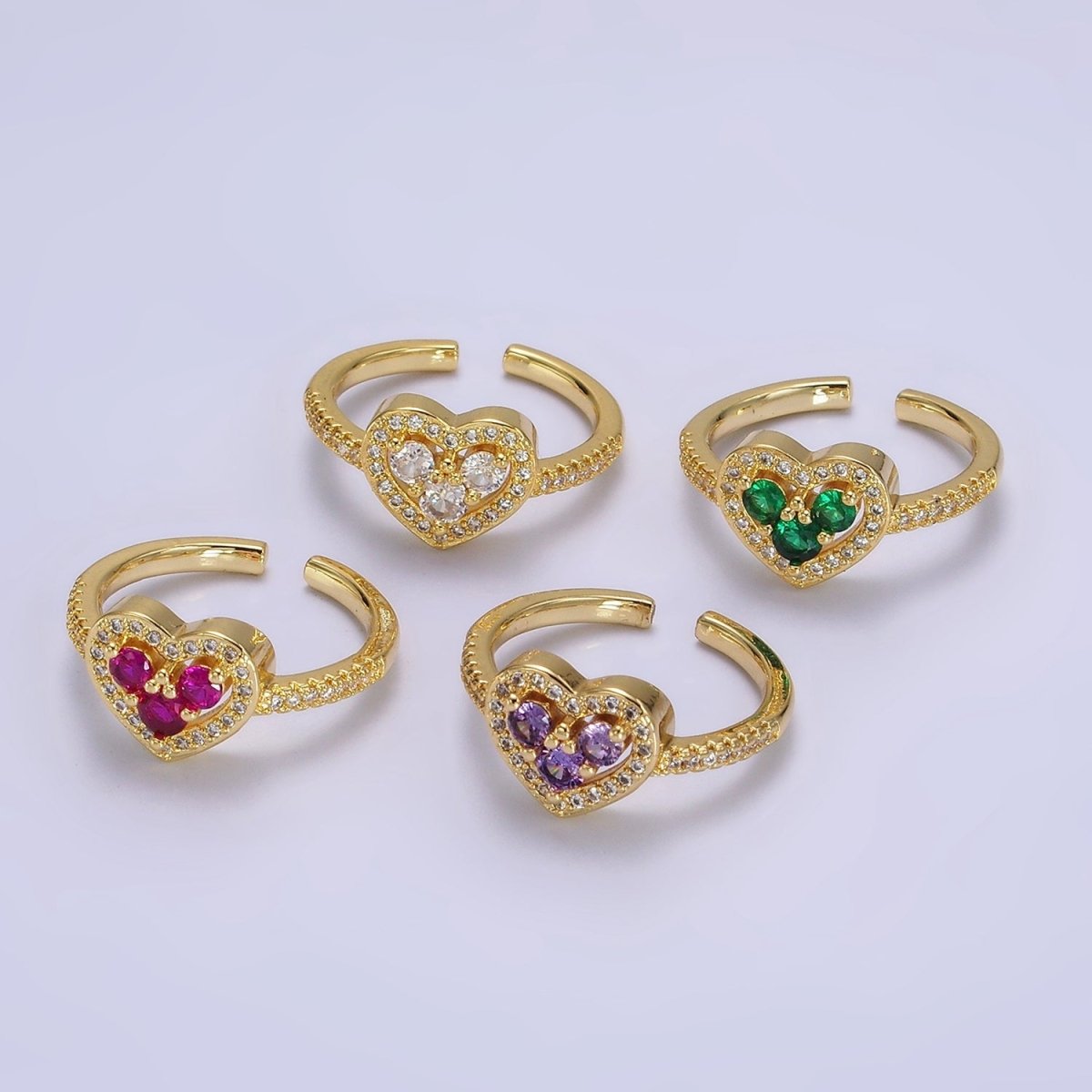 14K Gold plated Heart Clear, Green, Fuchsia, Purple Micro Paved CZ Ring | O-575 ~ O-578