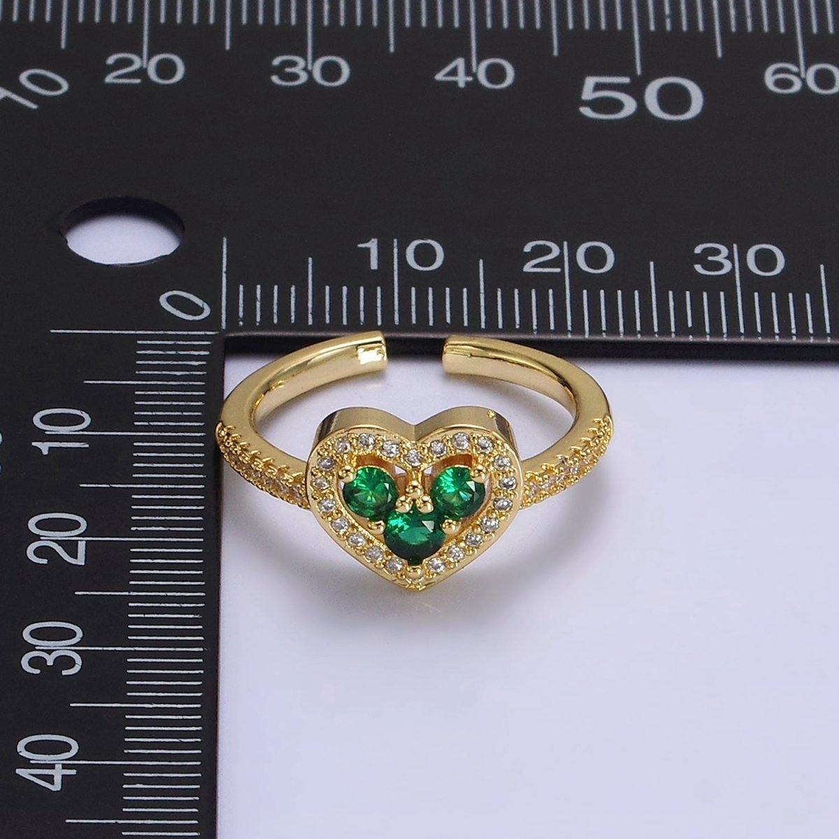 14K Gold plated Heart Clear, Green, Fuchsia, Purple Micro Paved CZ Ring | O-575 ~ O-578