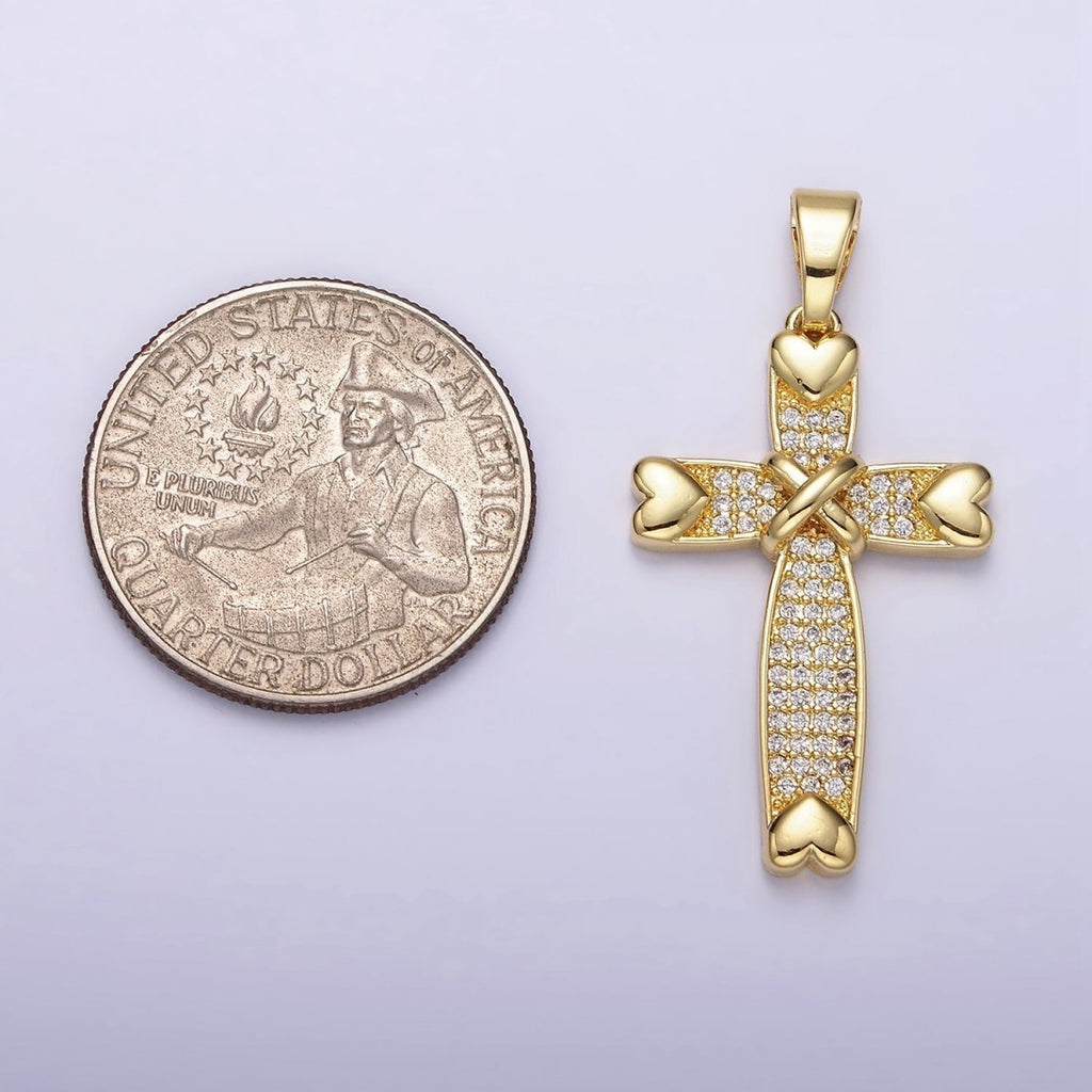 14K Gold plated Heart Clear Micro Paved CZ Tied Religious Cross Pendant | N1280 - DLUXCA