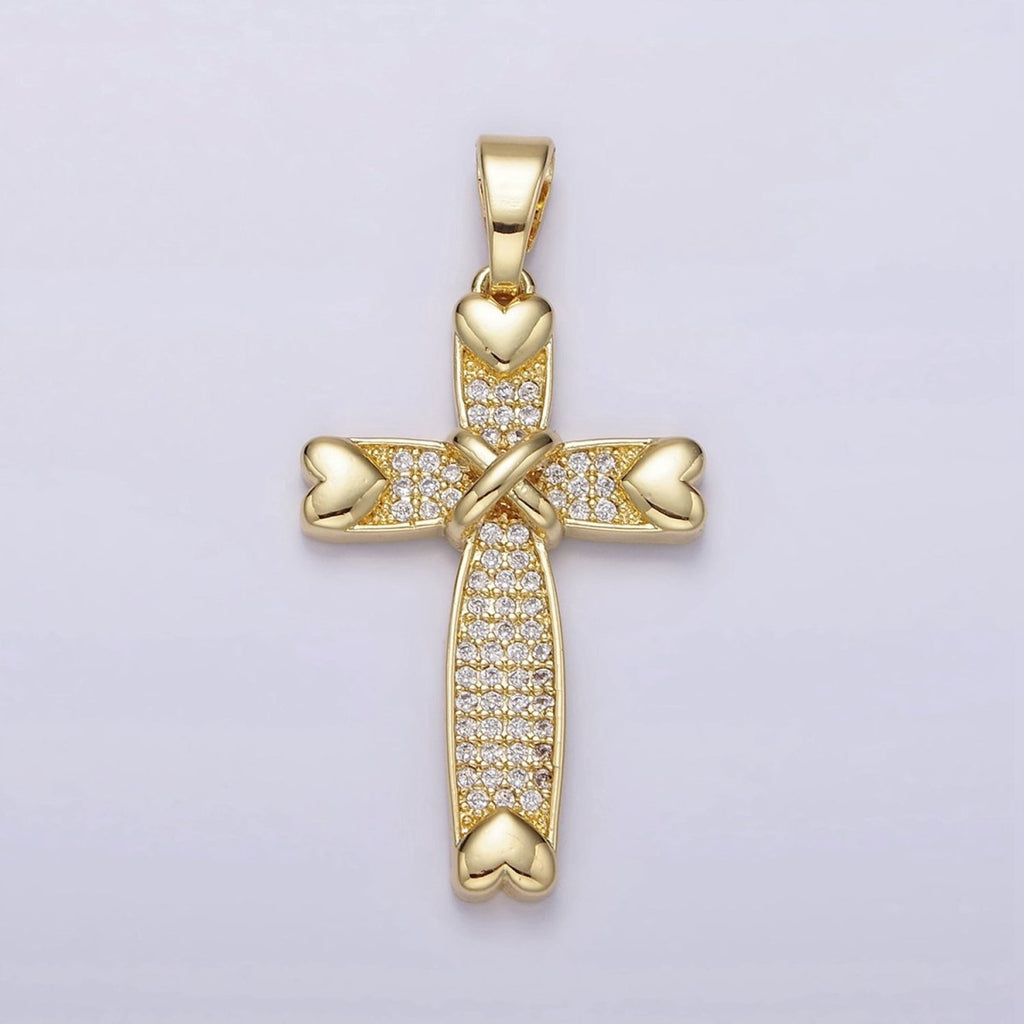 14K Gold plated Heart Clear Micro Paved CZ Tied Religious Cross Pendant | N1280 - DLUXCA