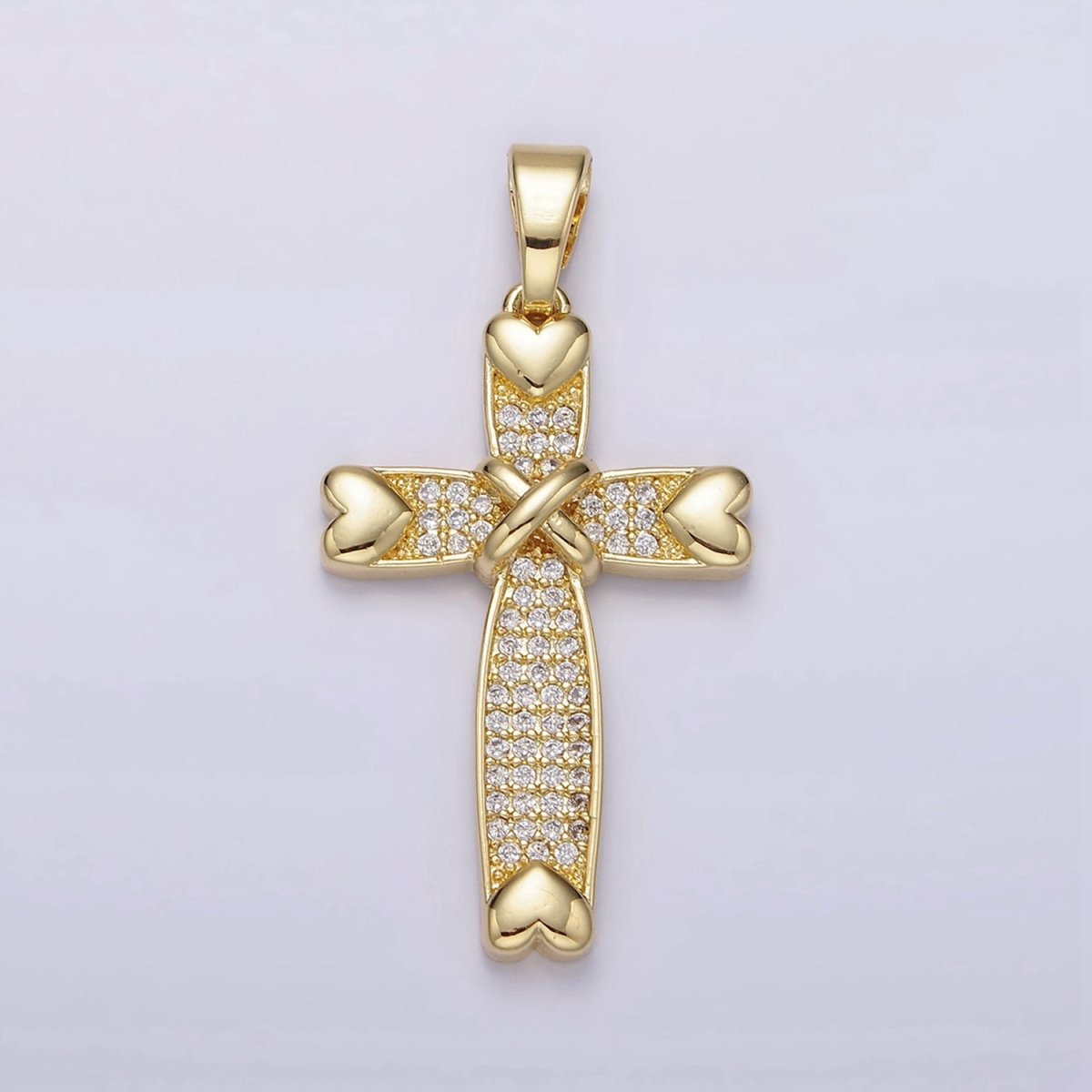 14K Gold plated Heart Clear Micro Paved CZ Tied Religious Cross Pendant | N1280 - DLUXCA