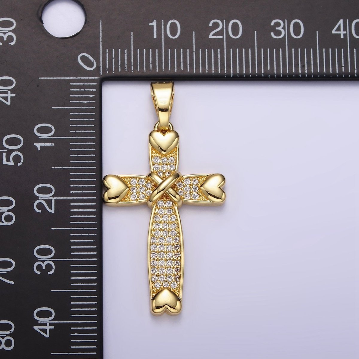 14K Gold plated Heart Clear Micro Paved CZ Tied Religious Cross Pendant | N1280 - DLUXCA