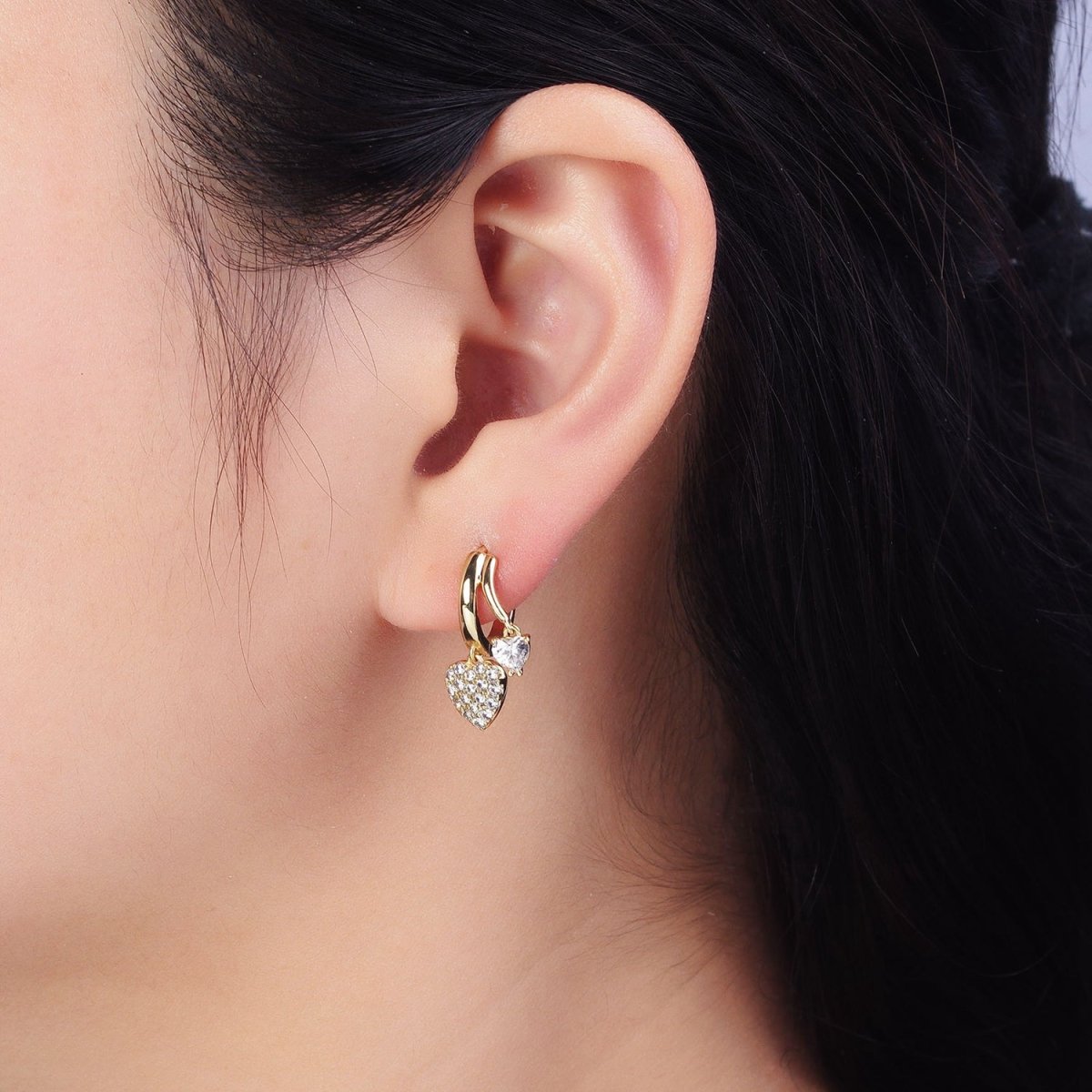 14K Gold plated Heart CZ Micro Paved Double Band Claw Huggie Earrings | AD1444 - DLUXCA