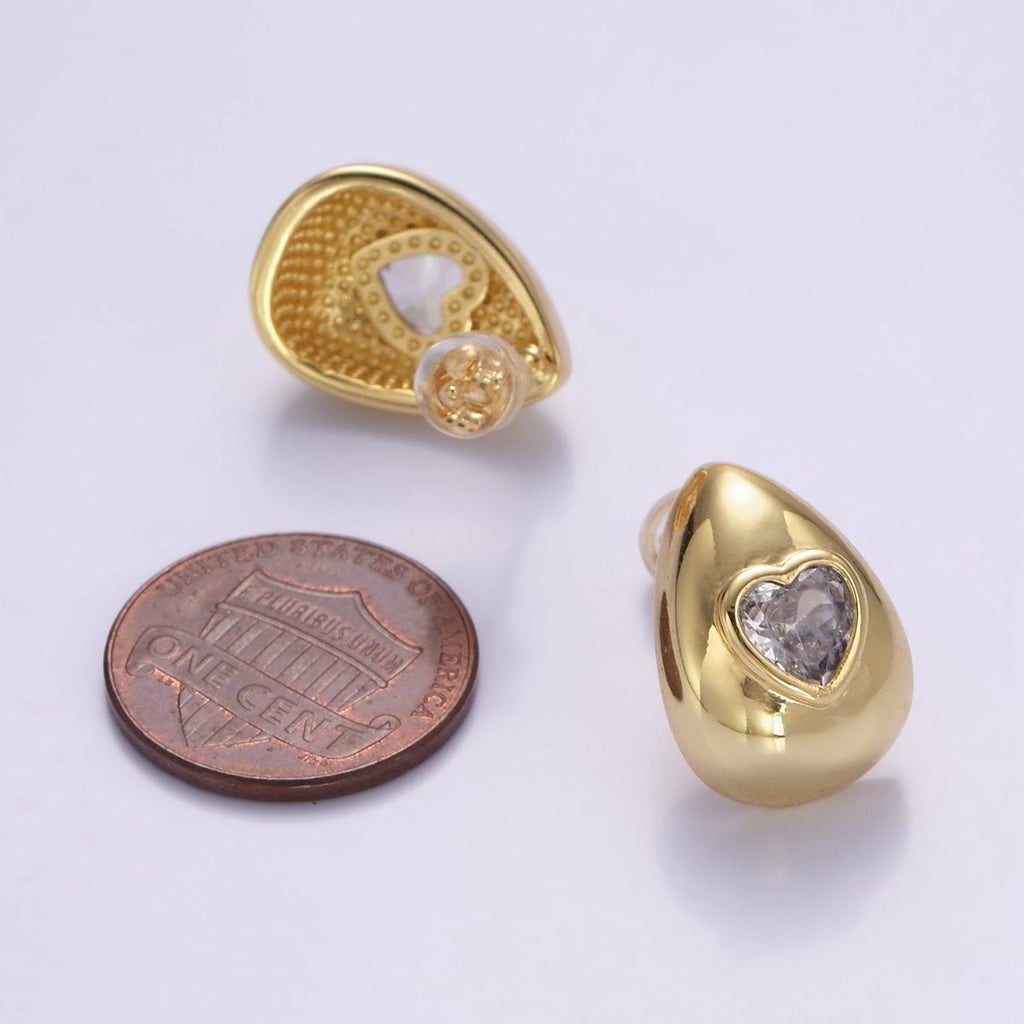 14K Gold plated Heart CZ Teardrop Dome Stud Earrings | P514 - DLUXCA