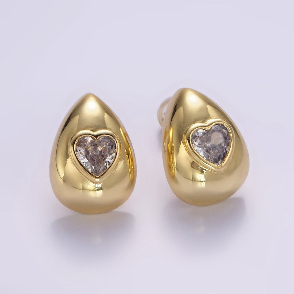 14K Gold plated Heart CZ Teardrop Dome Stud Earrings | P514 - DLUXCA