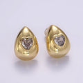 14K Gold plated Heart CZ Teardrop Dome Stud Earrings | P514 - DLUXCA