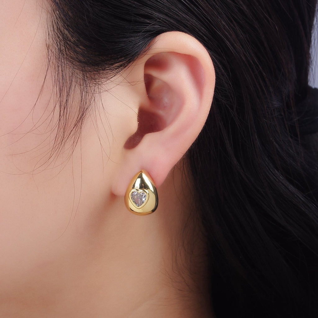 14K Gold plated Heart CZ Teardrop Dome Stud Earrings | P514 - DLUXCA