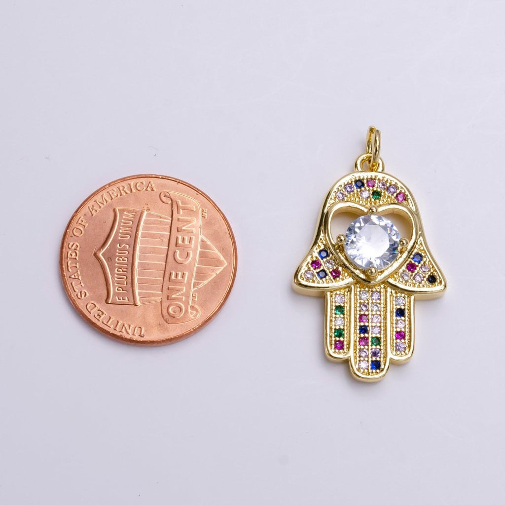 14K Gold plated Heart Hamsa Hand Multicolor Micro Paved CZ Charm | AC1415 - DLUXCA