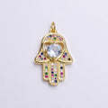 14K Gold plated Heart Hamsa Hand Multicolor Micro Paved CZ Charm | AC1415 - DLUXCA