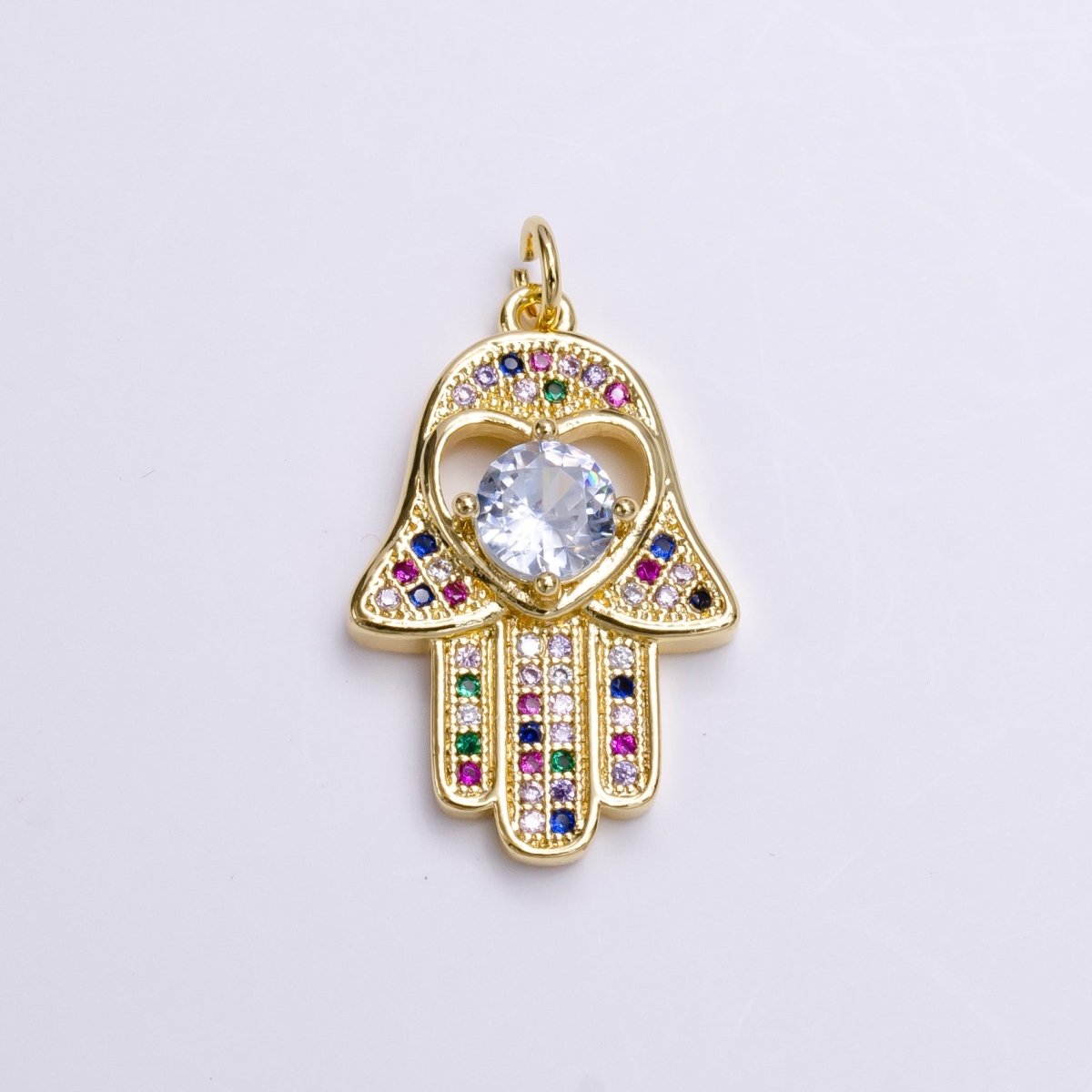 14K Gold plated Heart Hamsa Hand Multicolor Micro Paved CZ Charm | AC1415 - DLUXCA
