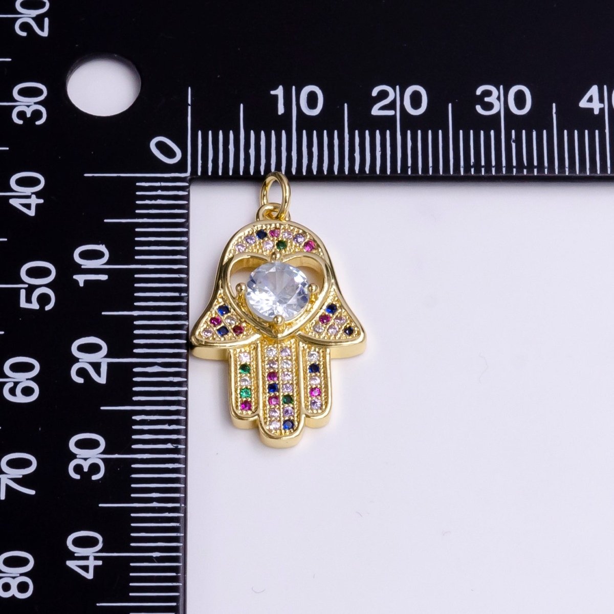 14K Gold plated Heart Hamsa Hand Multicolor Micro Paved CZ Charm | AC1415 - DLUXCA