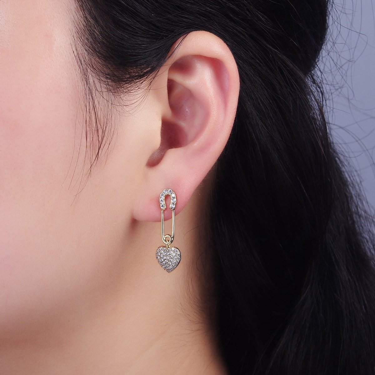 14K Gold plated Heart Safety Pin Micro Paved CZ Drop Stud Earrings | AE409 - DLUXCA