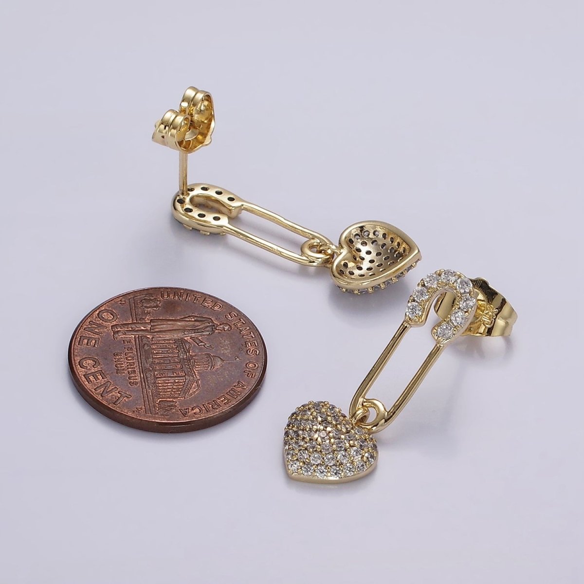 14K Gold plated Heart Safety Pin Micro Paved CZ Drop Stud Earrings | AE409 - DLUXCA