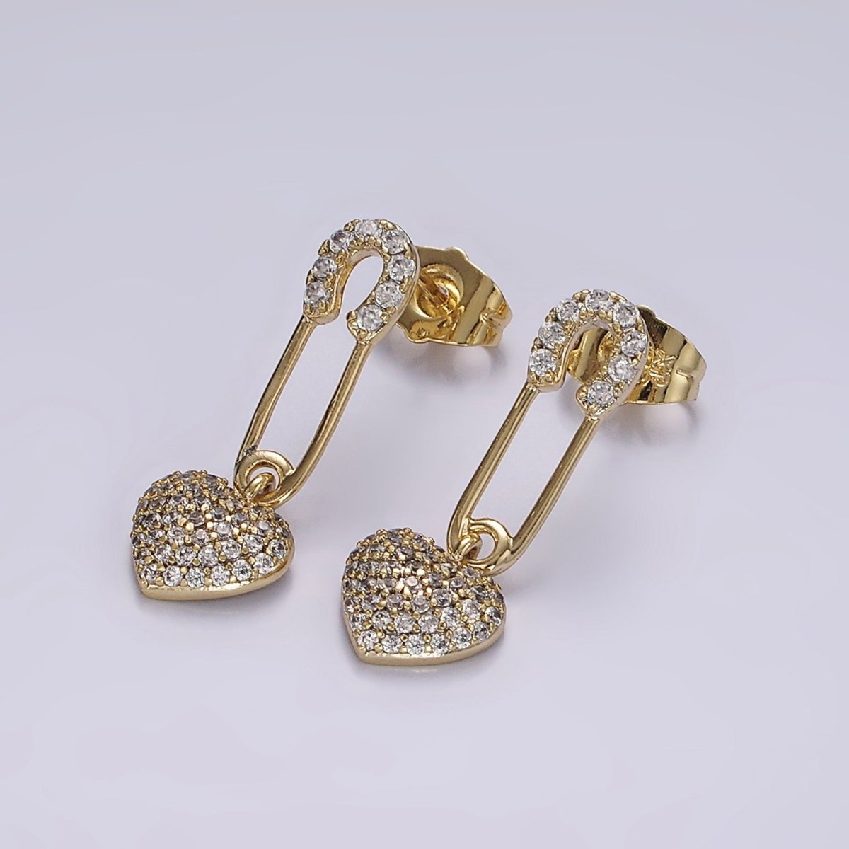 14K Gold plated Heart Safety Pin Micro Paved CZ Drop Stud Earrings | AE409 - DLUXCA