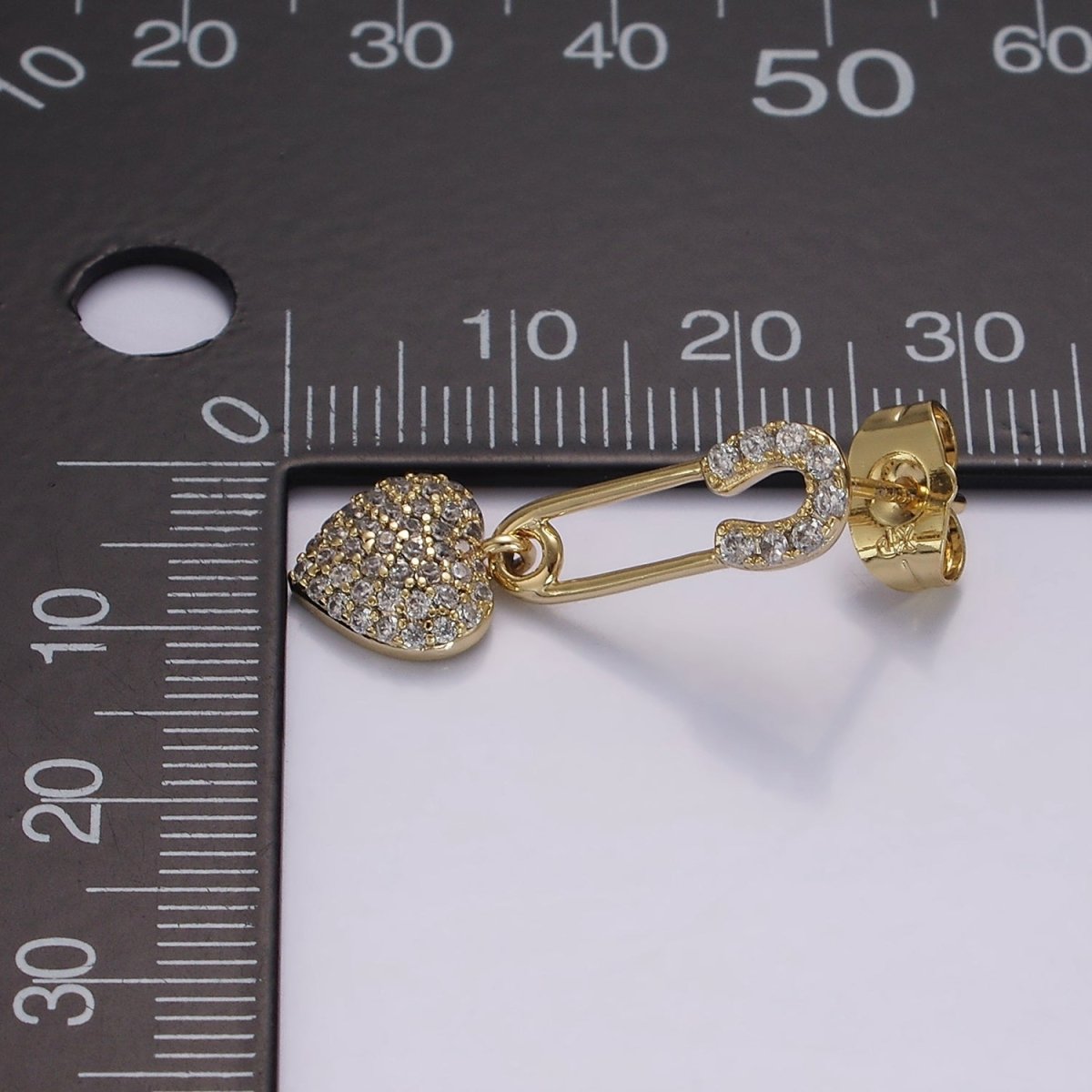 14K Gold plated Heart Safety Pin Micro Paved CZ Drop Stud Earrings | AE409 - DLUXCA