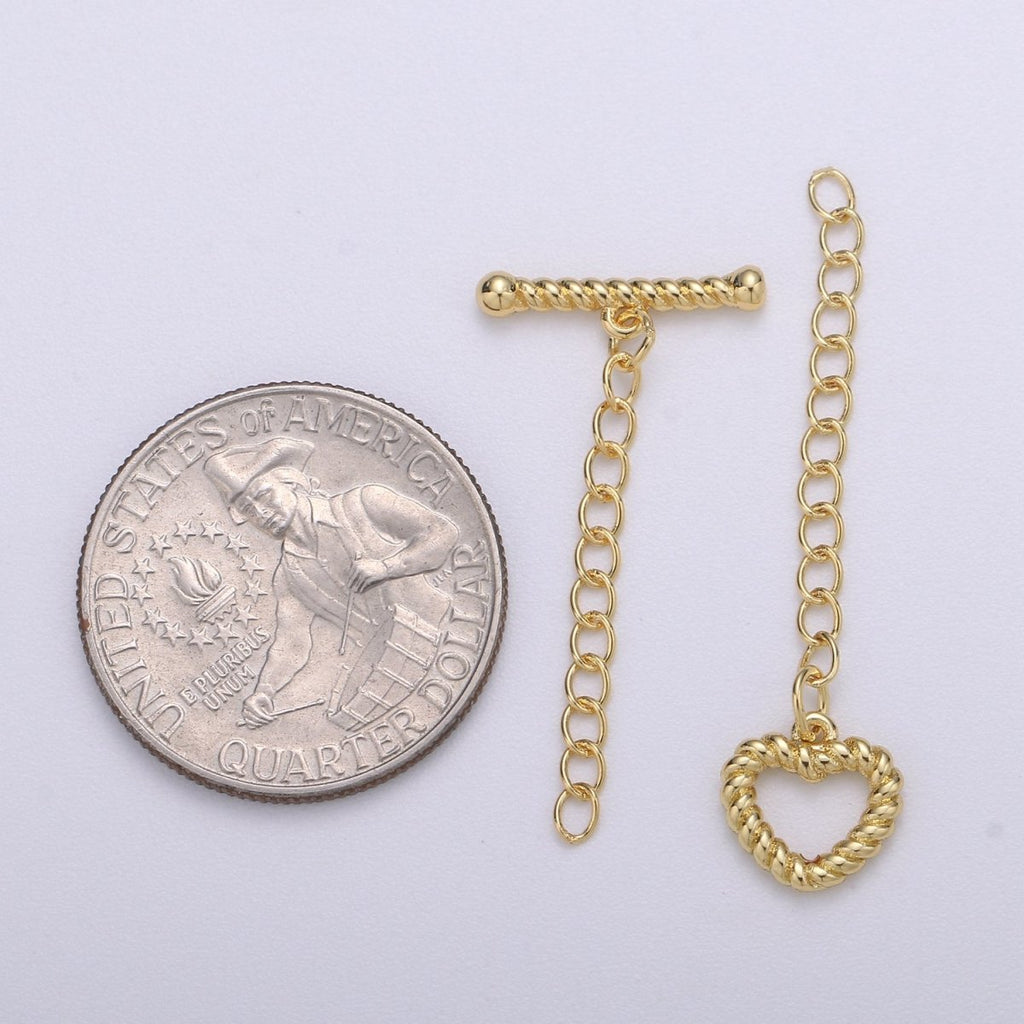 14k Gold plated heart shape clasp toggle, Twisted Gold clasp, gold heart clasp toggle, heart toggle for Necklace Bracelet Component K-896 - DLUXCA