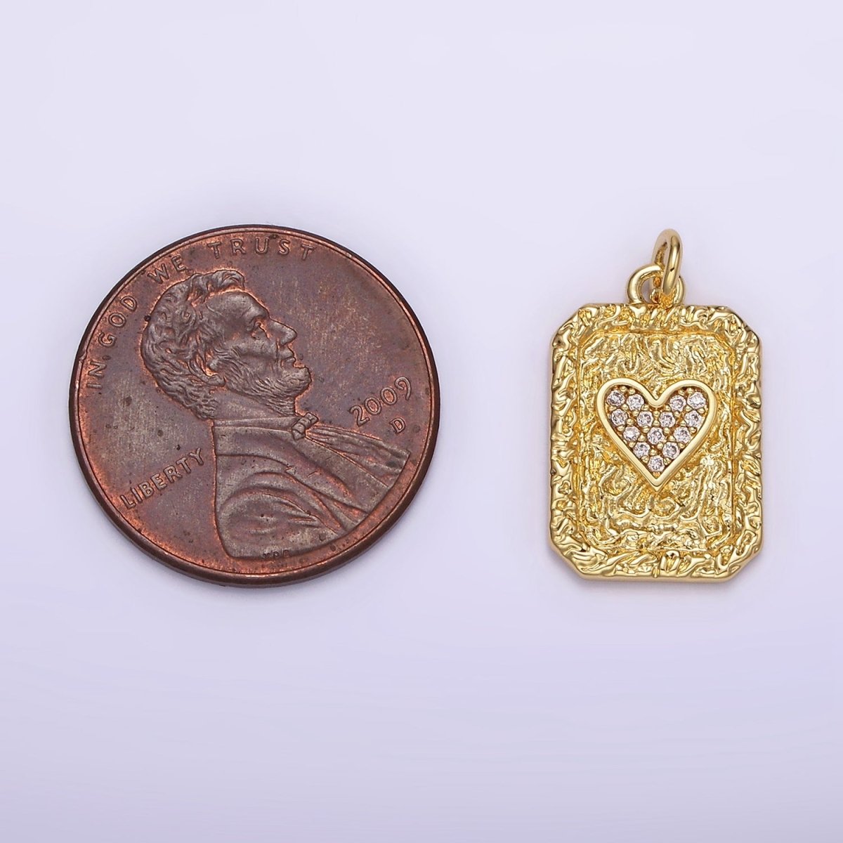 14K Gold plated Hearts Card Micro Paved CZ Hammered Rectangular Tag Charm | AG259 - DLUXCA