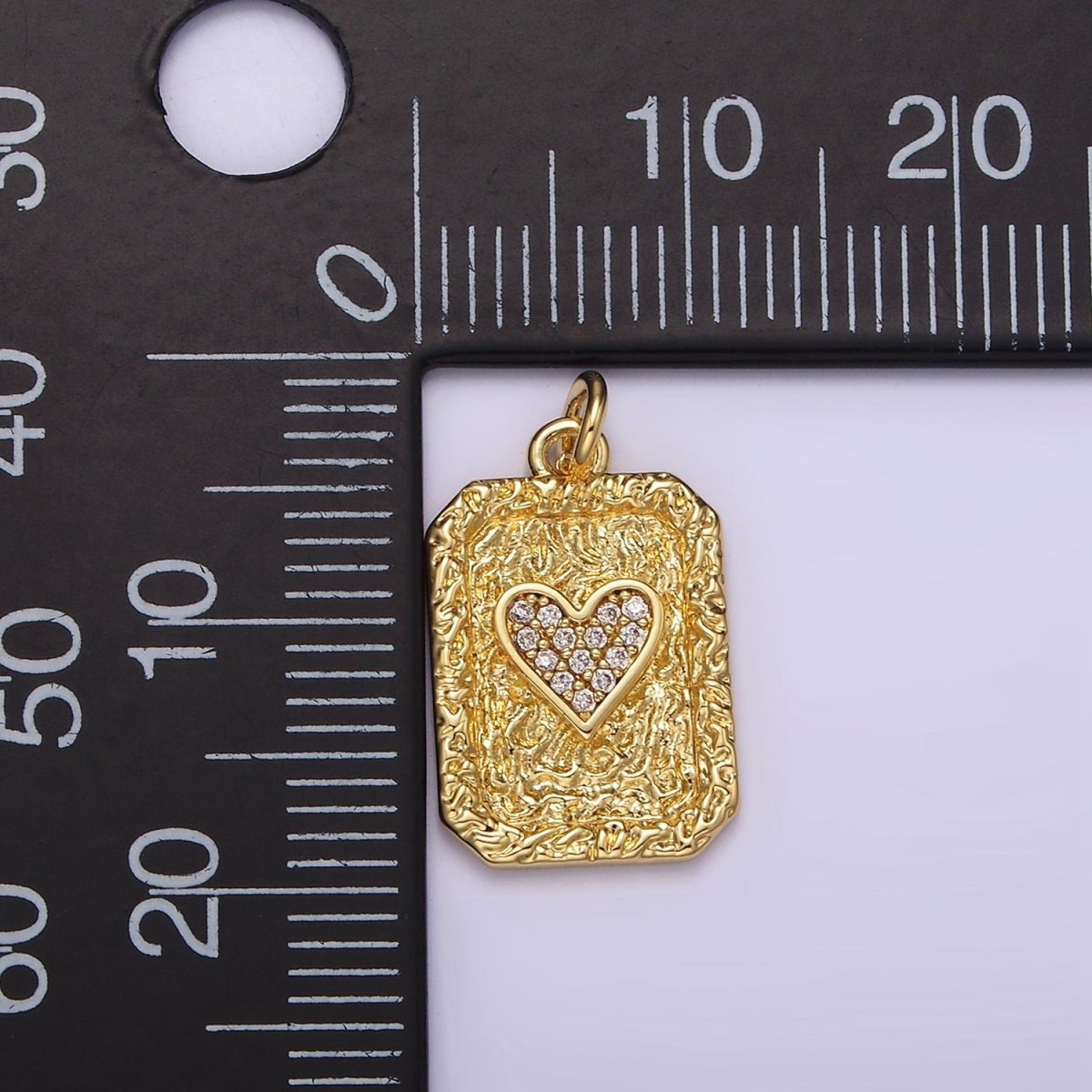 14K Gold plated Hearts Card Micro Paved CZ Hammered Rectangular Tag Charm | AG259 - DLUXCA