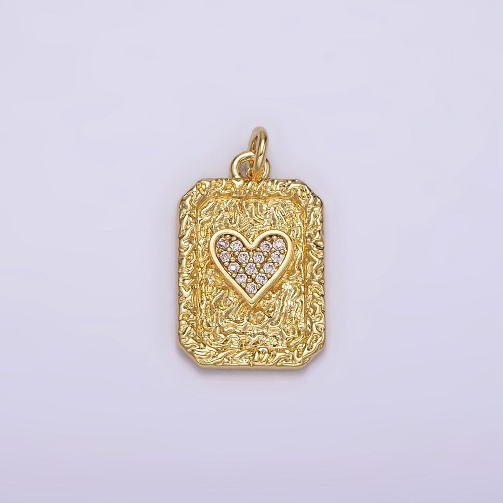 14K Gold plated Hearts Card Micro Paved CZ Hammered Rectangular Tag Charm | AG259 - DLUXCA