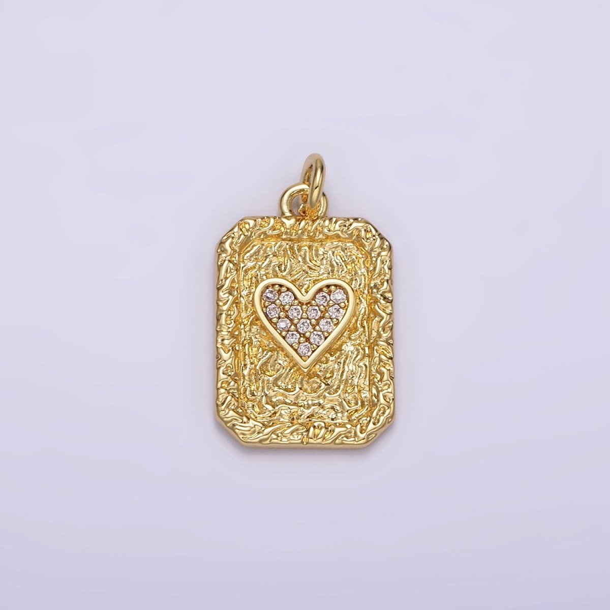 14K Gold plated Hearts Card Micro Paved CZ Hammered Rectangular Tag Charm | AG259 - DLUXCA