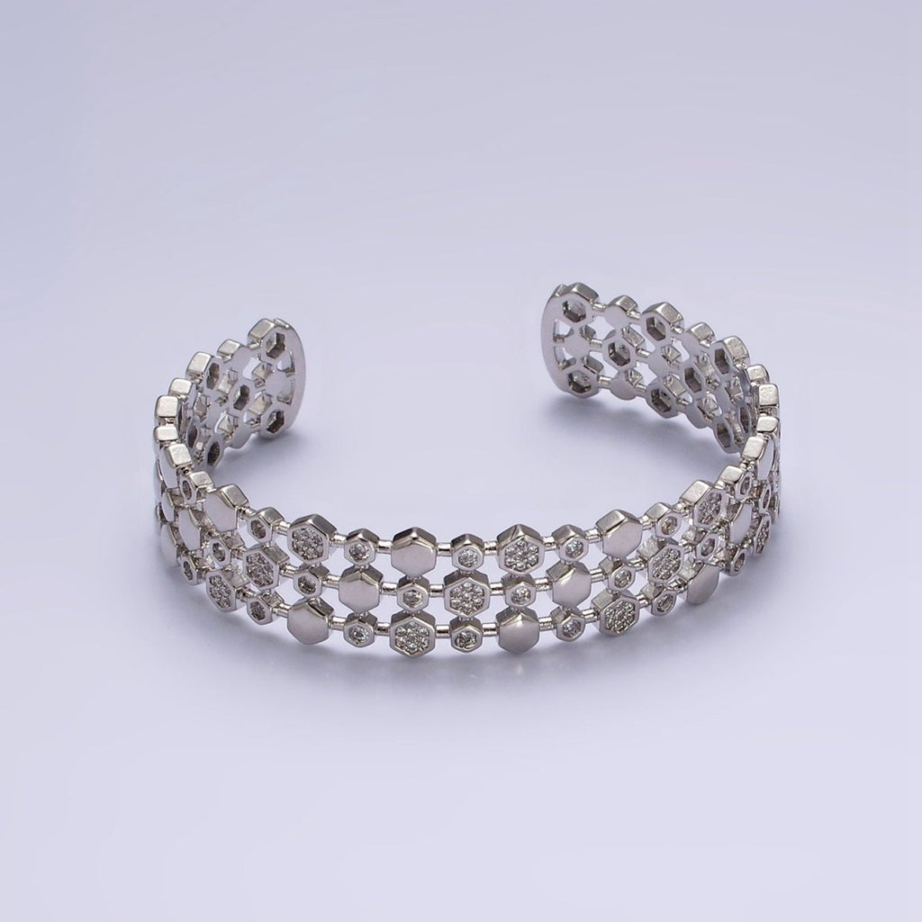 14K Gold plated Hexagonal Micro Paved CZ Triple Lined Cuff Bangle Bracelet in Gold & Silver | WA-1916 WA-1917 Clearance Pricing