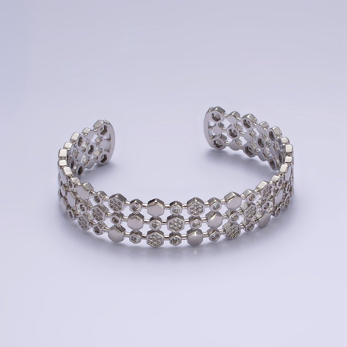 14K Gold plated Hexagonal Micro Paved CZ Triple Lined Cuff Bangle Bracelet in Gold & Silver | WA-1916 WA-1917 Clearance Pricing