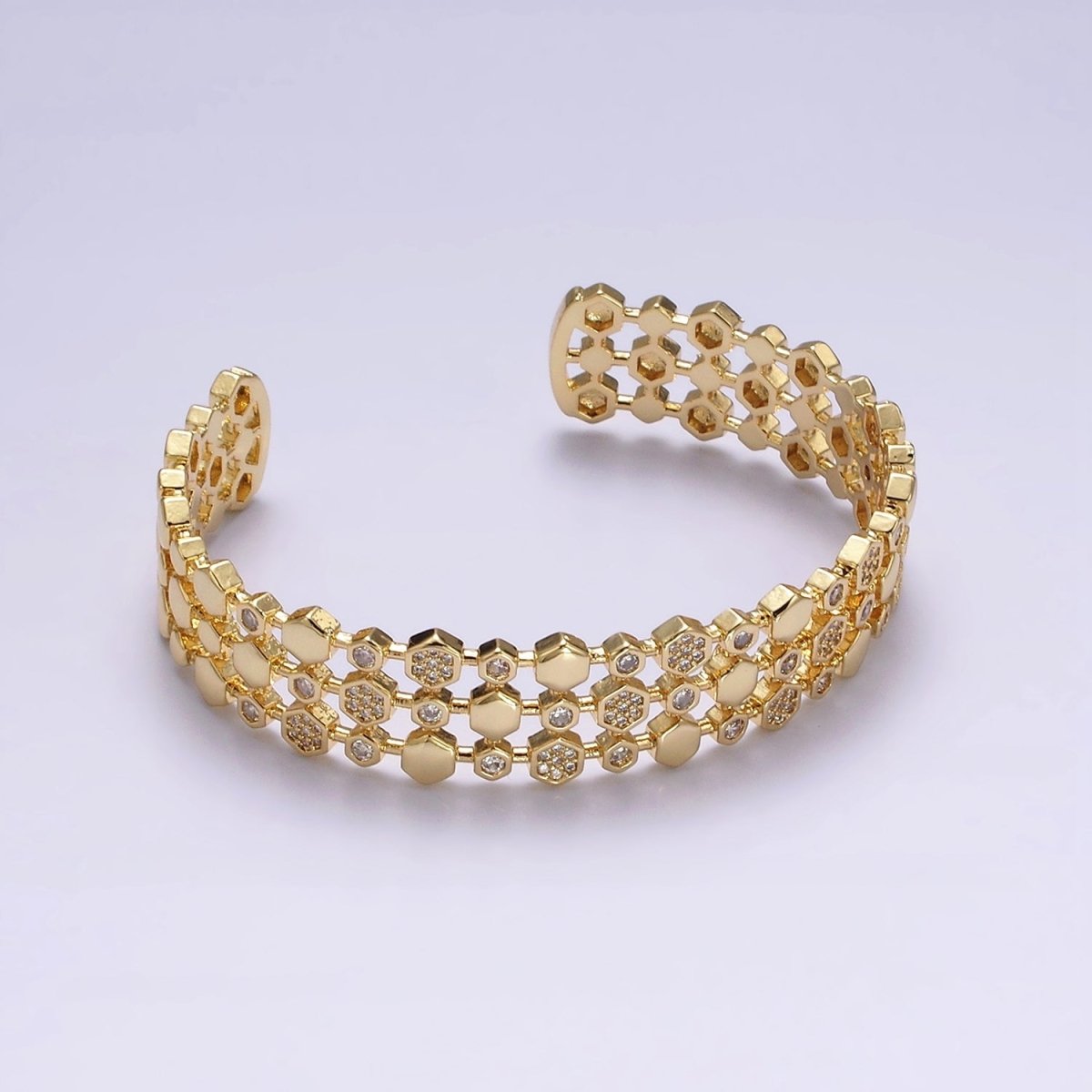 14K Gold plated Hexagonal Micro Paved CZ Triple Lined Cuff Bangle Bracelet in Gold & Silver | WA-1916 WA-1917 Clearance Pricing