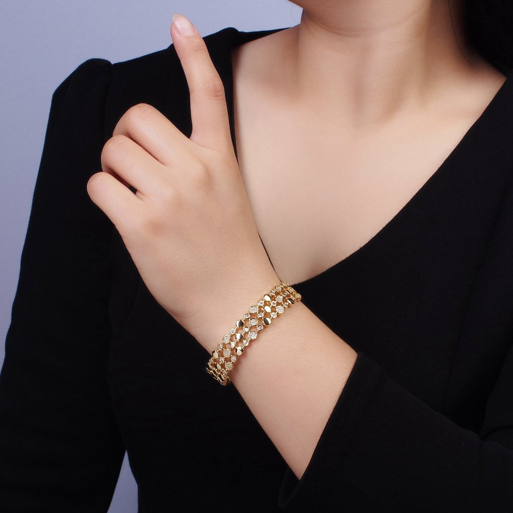 14K Gold plated Hexagonal Micro Paved CZ Triple Lined Cuff Bangle Bracelet in Gold & Silver | WA-1916 WA-1917 Clearance Pricing