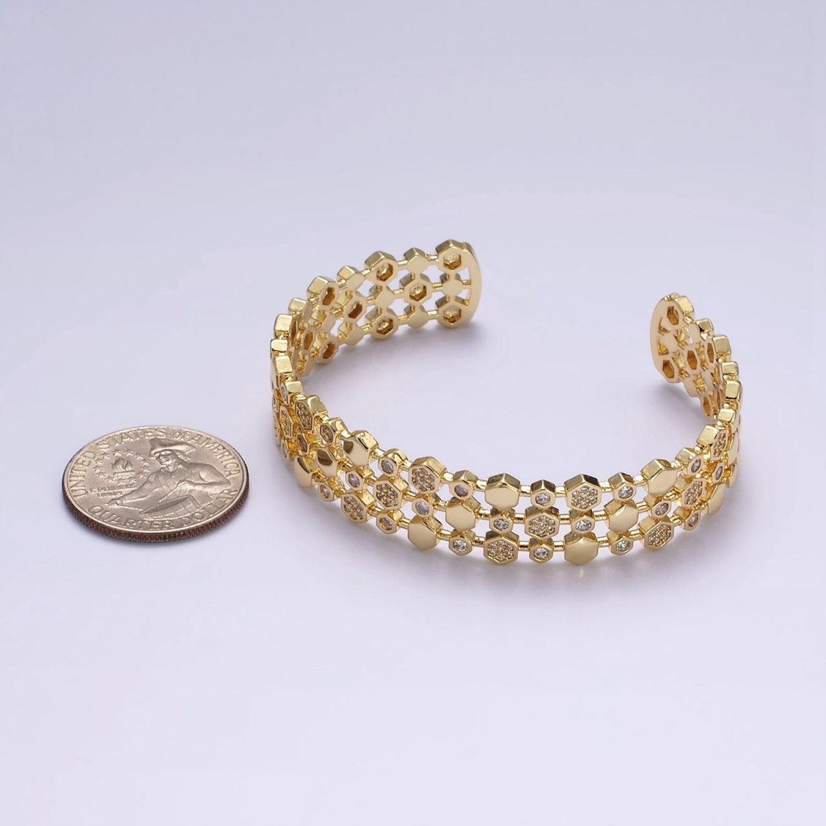 14K Gold plated Hexagonal Micro Paved CZ Triple Lined Cuff Bangle Bracelet in Gold & Silver | WA-1916 WA-1917 Clearance Pricing