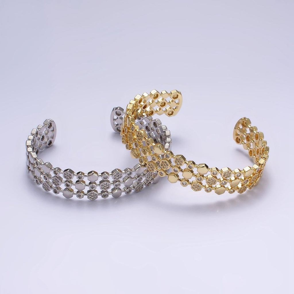 14K Gold plated Hexagonal Micro Paved CZ Triple Lined Cuff Bangle Bracelet in Gold & Silver | WA-1916 WA-1917 Clearance Pricing