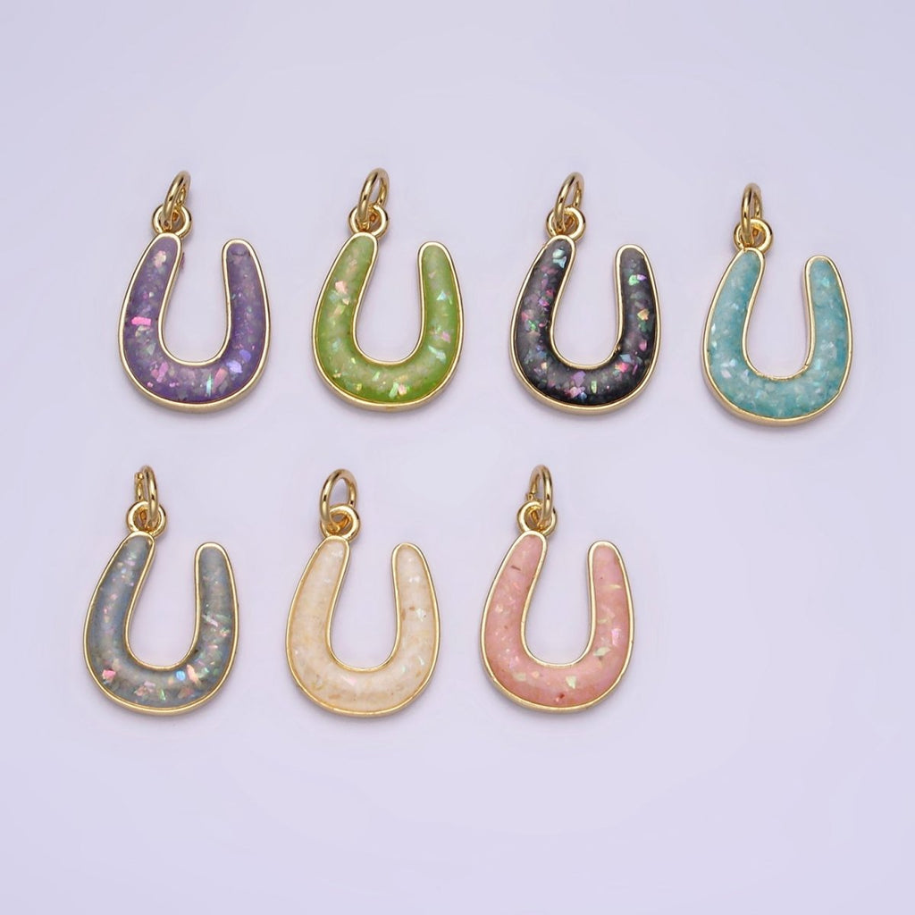 14K Gold plated Horseshoe Green, Pink, Blue, Black, Purple, White, Grey Opal Enamel Charm Lucky Pendant | N1000 - N1006