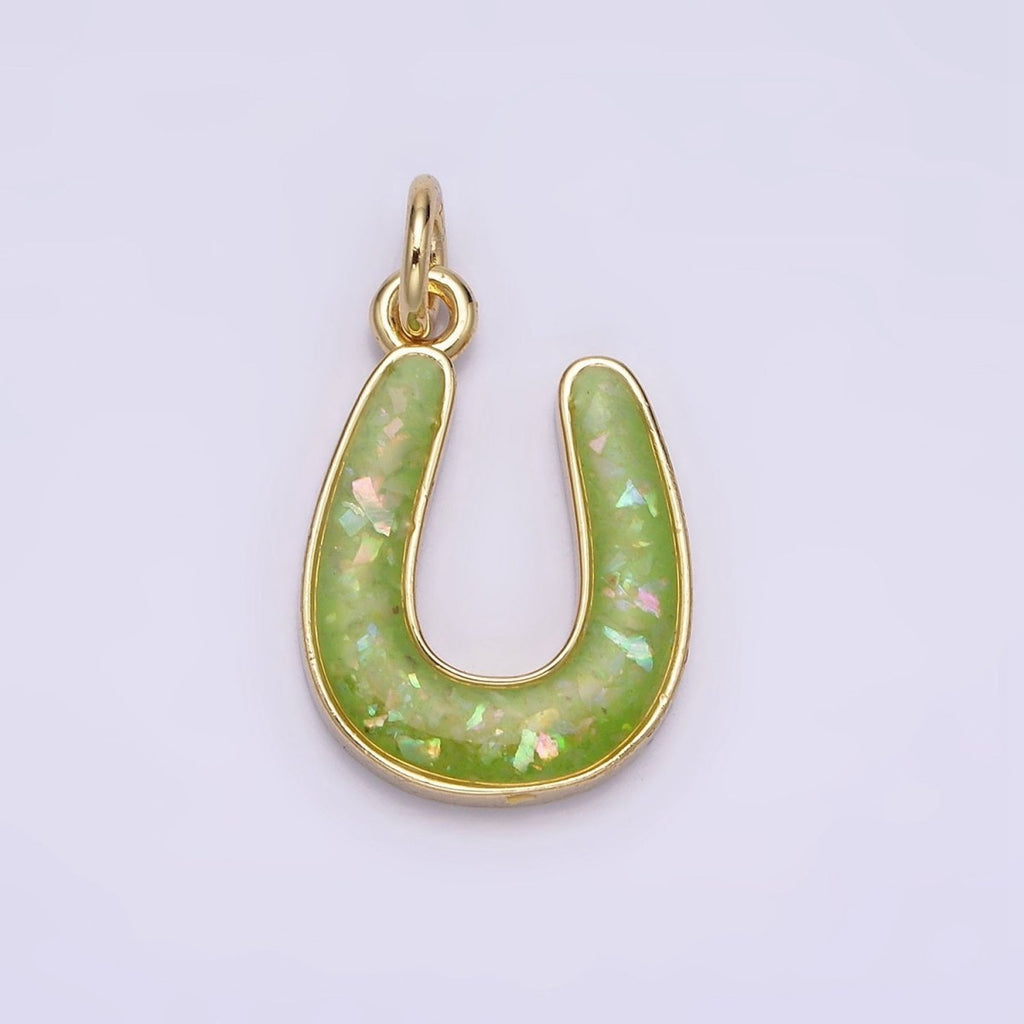 14K Gold plated Horseshoe Green, Pink, Blue, Black, Purple, White, Grey Opal Enamel Charm Lucky Pendant | N1000 - N1006