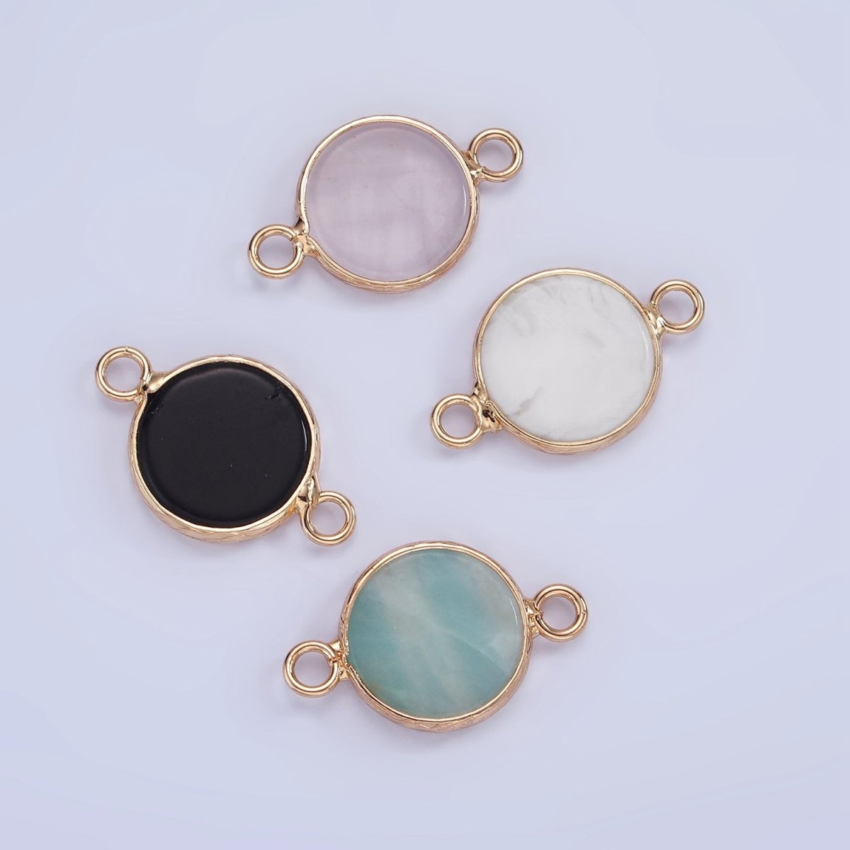 14K Gold plated Howlite, Amazonite, Rose Quartz, Onyx Round Bezel Connector | G-024 G-207 - G-029