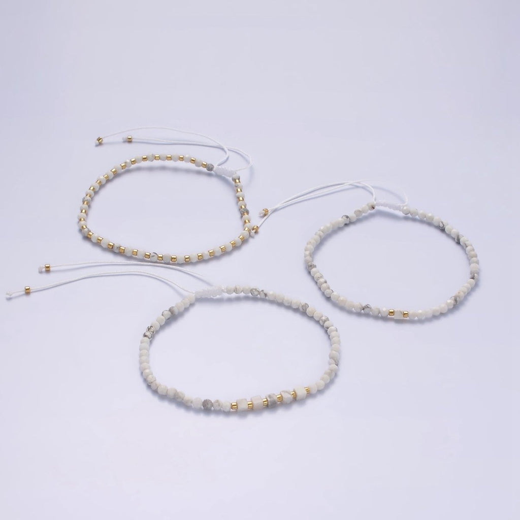 14K Gold plated Howlite Multifaceted White Cotton String Slider Bracelet | WA-2010 - WA-2012 Clearance Pricing - DLUXCA