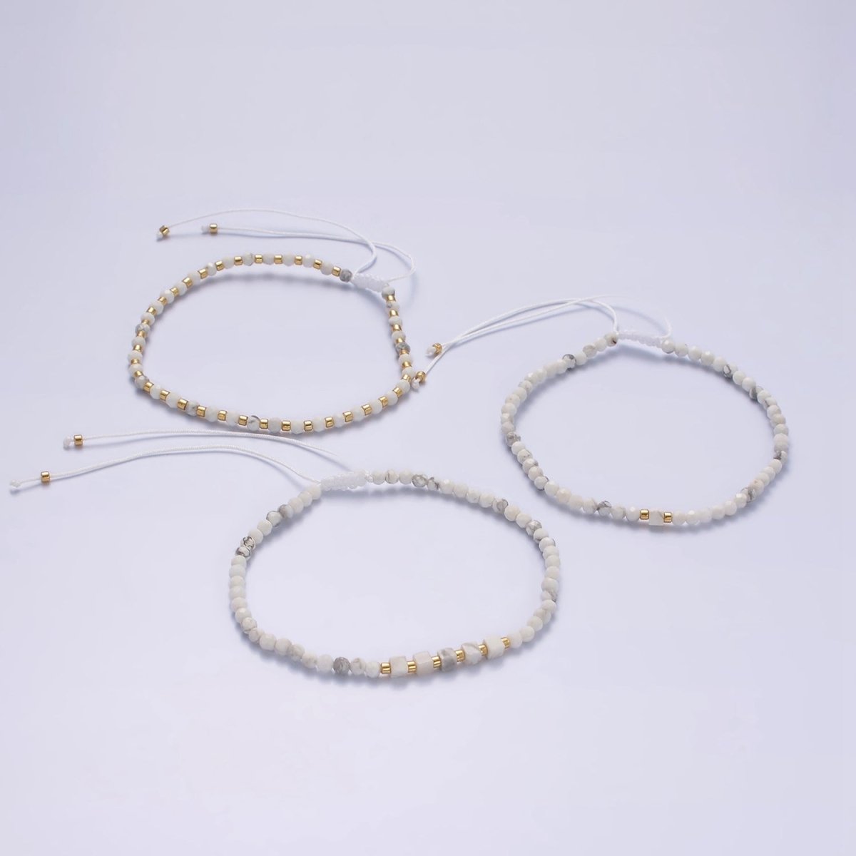 14K Gold plated Howlite Multifaceted White Cotton String Slider Bracelet | WA-2010 - WA-2012 Clearance Pricing - DLUXCA