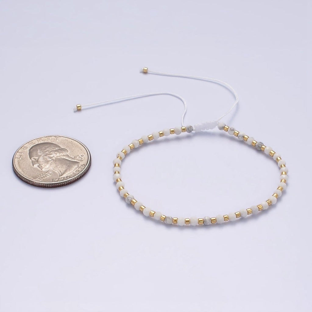 14K Gold plated Howlite Multifaceted White Cotton String Slider Bracelet | WA-2010 - WA-2012 Clearance Pricing - DLUXCA