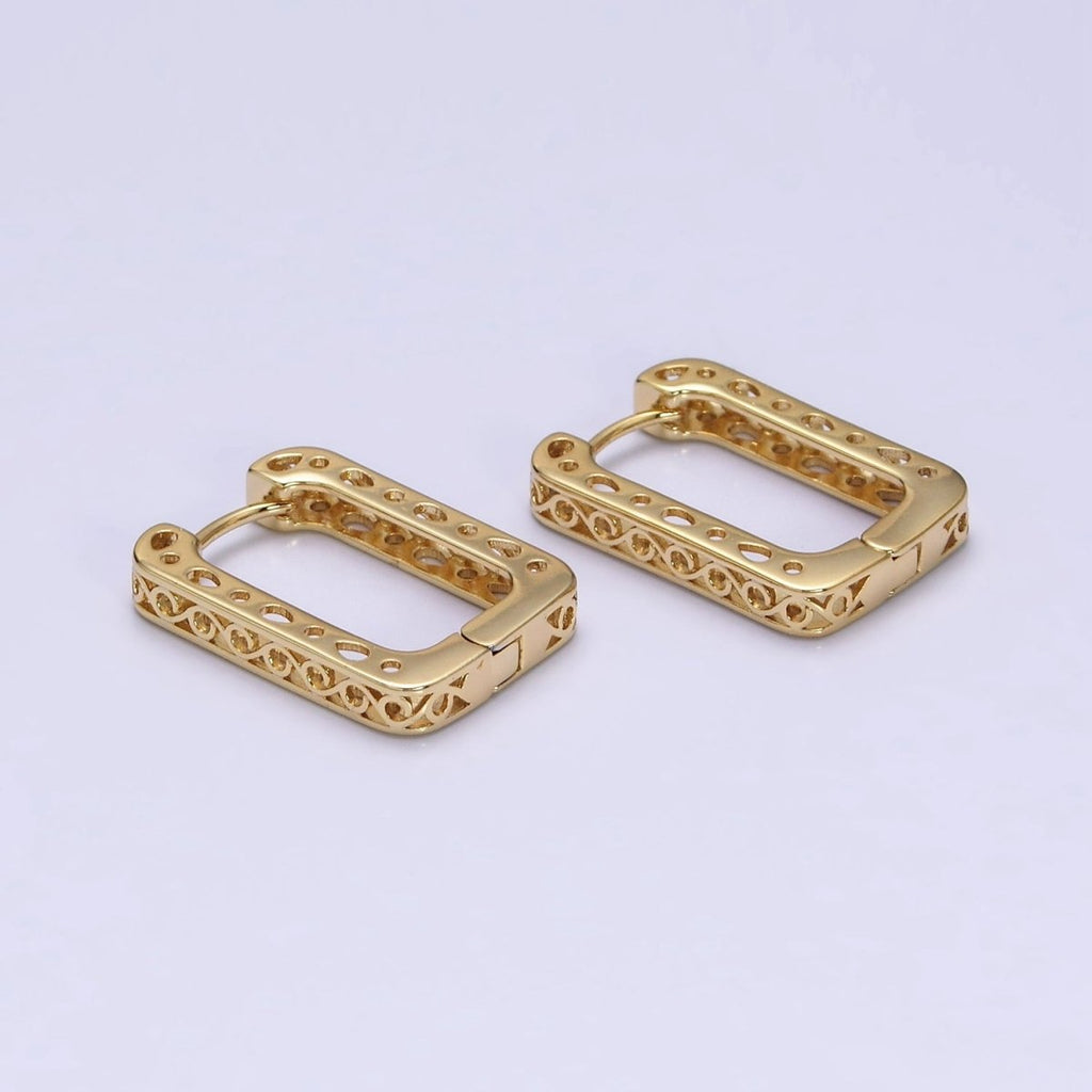 14K Gold plated Infinity Filigree Oblong U-Shaped Huggie Hoop Earrings | AD1376 - DLUXCA