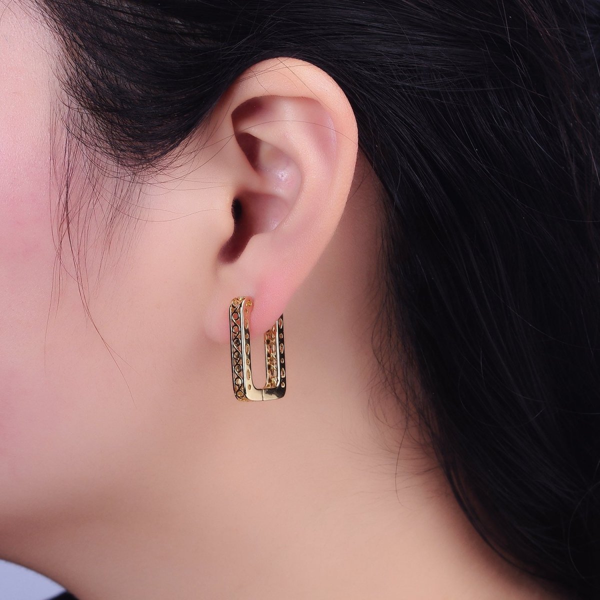 14K Gold plated Infinity Filigree Oblong U-Shaped Huggie Hoop Earrings | AD1376 - DLUXCA
