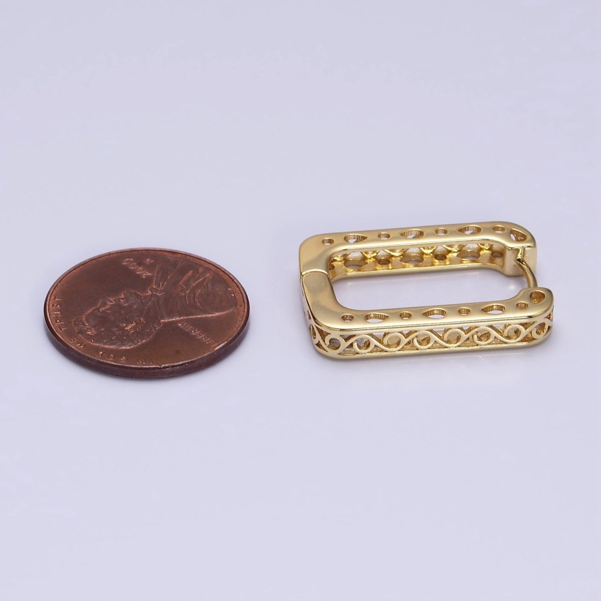 14K Gold plated Infinity Filigree Oblong U-Shaped Huggie Hoop Earrings | AD1376 - DLUXCA
