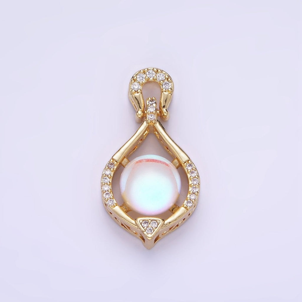 14K Gold plated Iridescent CZ Micro Paved Curved Bezel Pendant | AA1183 - DLUXCA