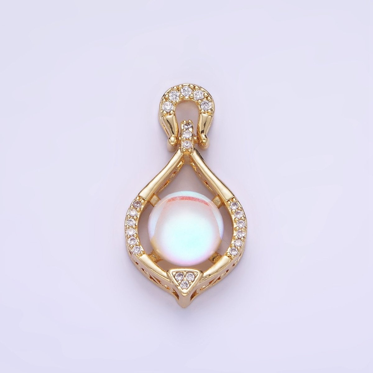 14K Gold plated Iridescent CZ Micro Paved Curved Bezel Pendant | AA1183 - DLUXCA
