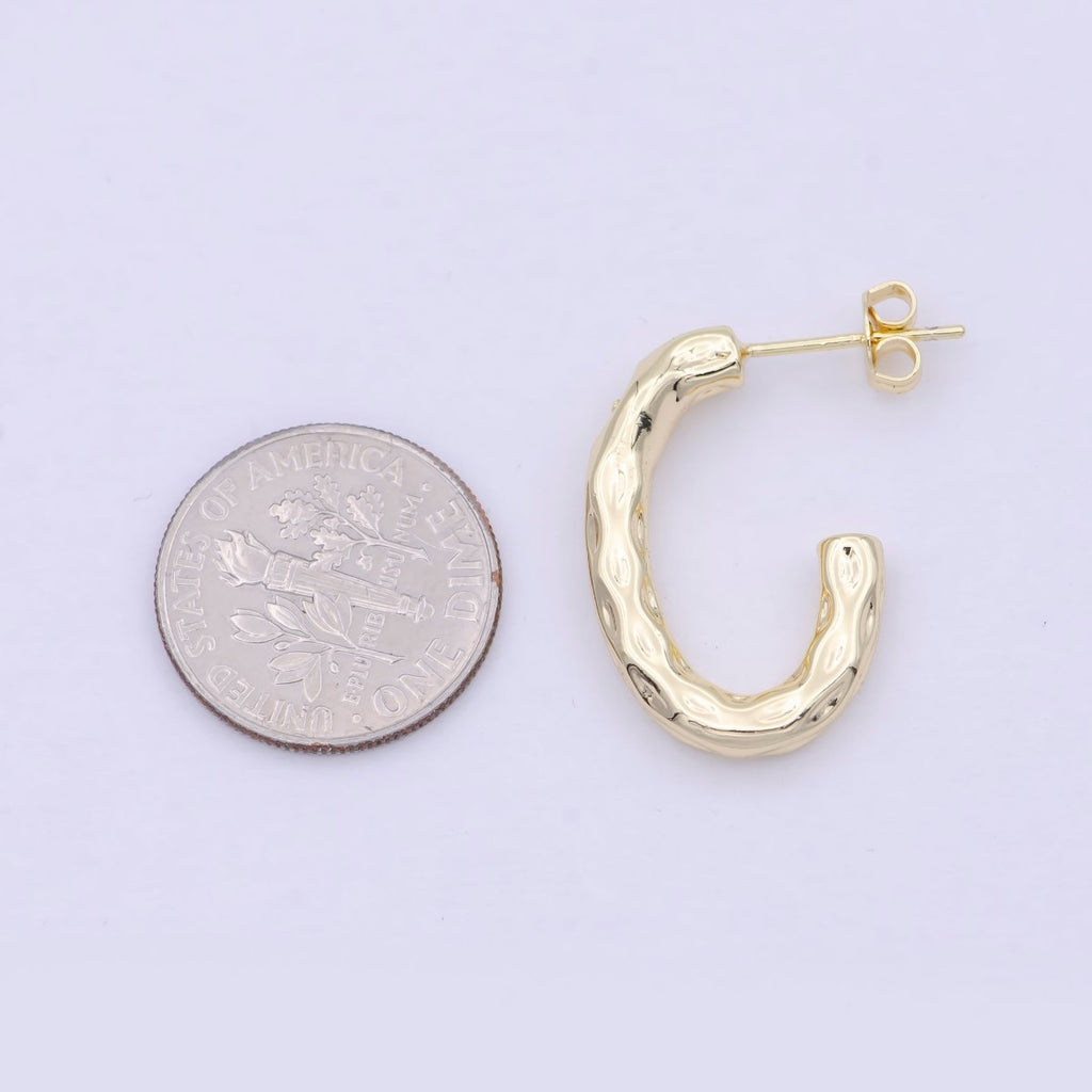 14K Gold plated J Shaped Hammered Rustic Stud Hoops Earrings K-203 - DLUXCA