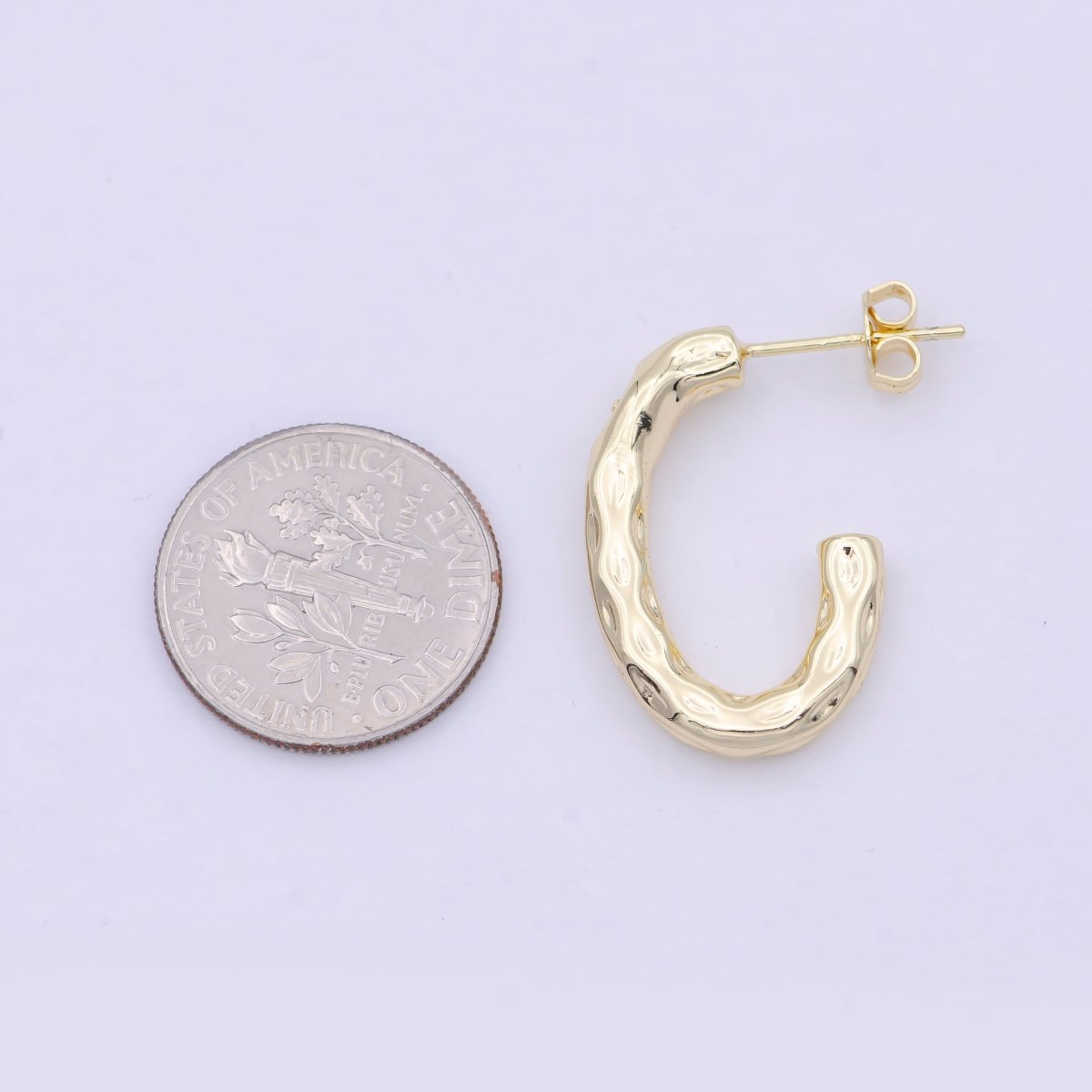 14K Gold plated J Shaped Hammered Rustic Stud Hoops Earrings K-203 - DLUXCA