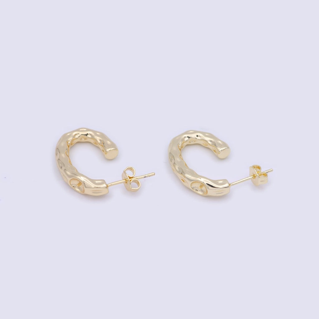 14K Gold plated J Shaped Hammered Rustic Stud Hoops Earrings K-203 - DLUXCA