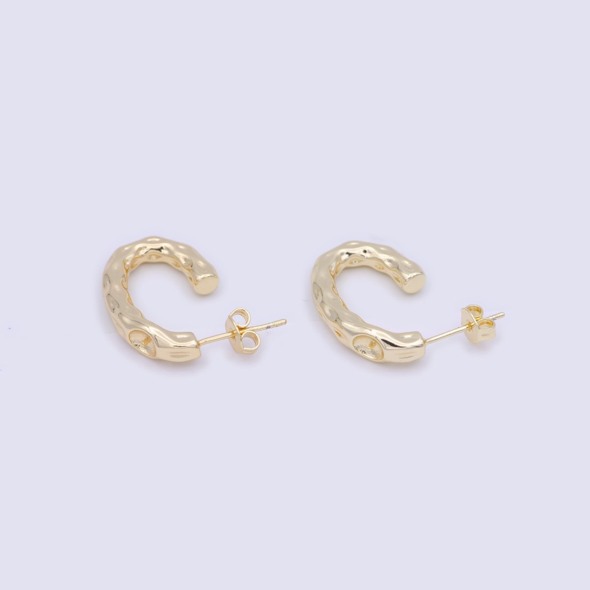 14K Gold plated J Shaped Hammered Rustic Stud Hoops Earrings K-203 - DLUXCA
