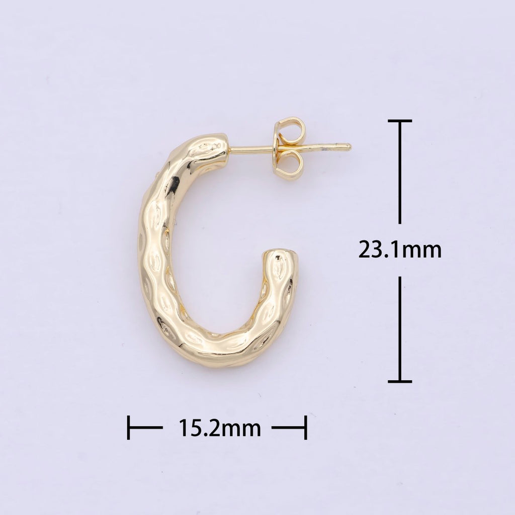 14K Gold plated J Shaped Hammered Rustic Stud Hoops Earrings K-203 - DLUXCA