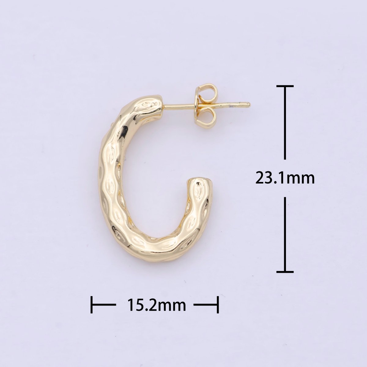 14K Gold plated J Shaped Hammered Rustic Stud Hoops Earrings K-203 - DLUXCA