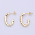 14K Gold plated J Shaped Hammered Rustic Stud Hoops Earrings K-203 - DLUXCA